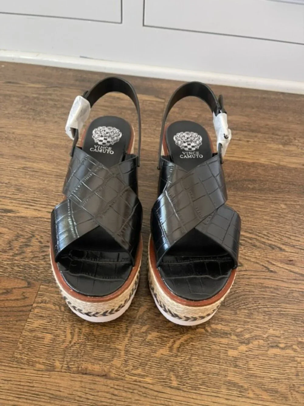 Vince Camuto Maretten Black Croc Leather Espadrille Platform Wedges 8.5 NIB